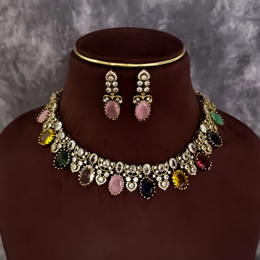 Shrenu Victorian Navratan AD Necklace Set- Multi