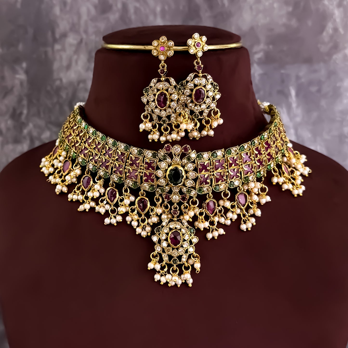 Kishangi Premium Kemp AD Choker Necklace Set - Pink & Green