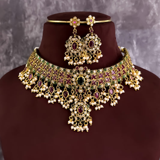 Kishangi Premium Kemp AD Choker Necklace Set - Pink & Green