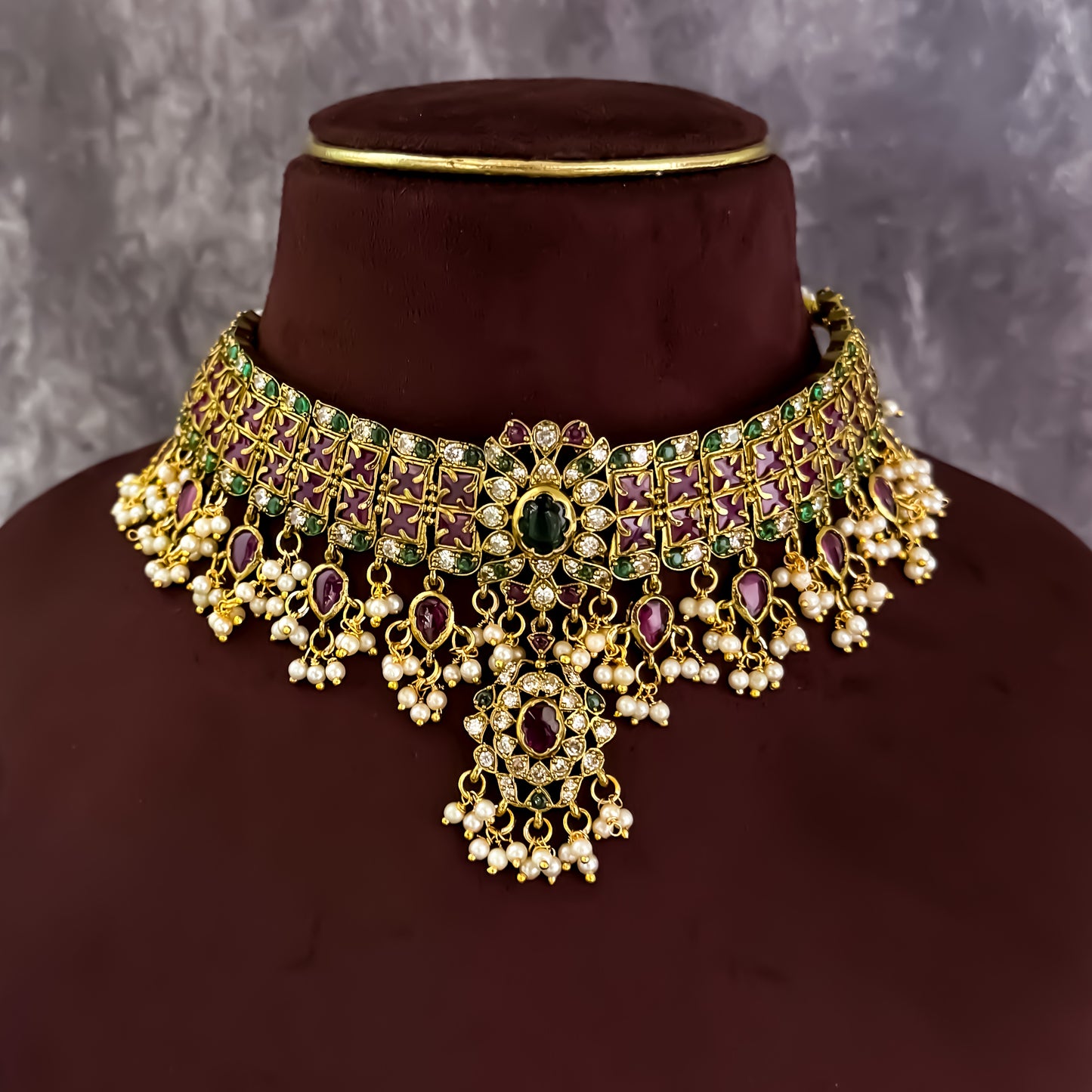 Kishangi Premium Kemp AD Choker Necklace Set - Pink & Green