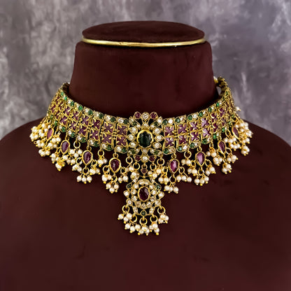 Kishangi Premium Kemp AD Choker Necklace Set - Pink & Green
