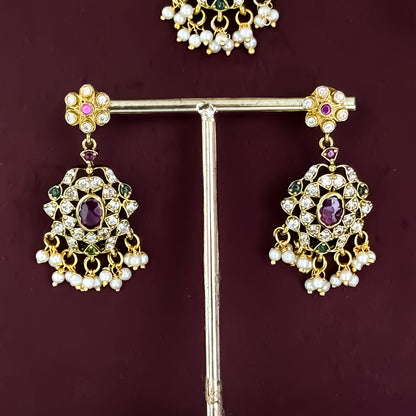 Kishangi Premium Kemp AD Choker Necklace Set - Pink & Green