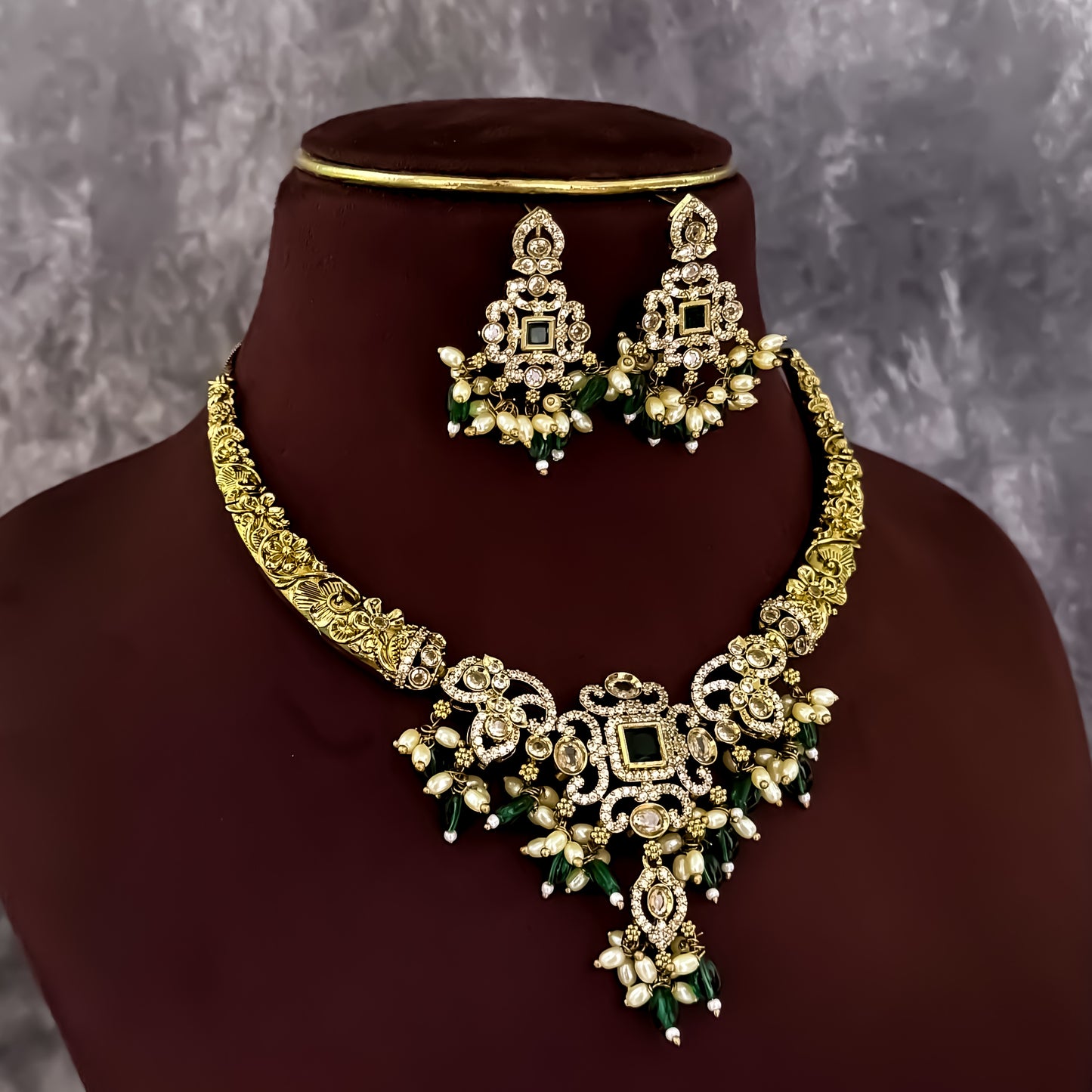 Keylin Victorian AD Hasli Necklace Set - Green