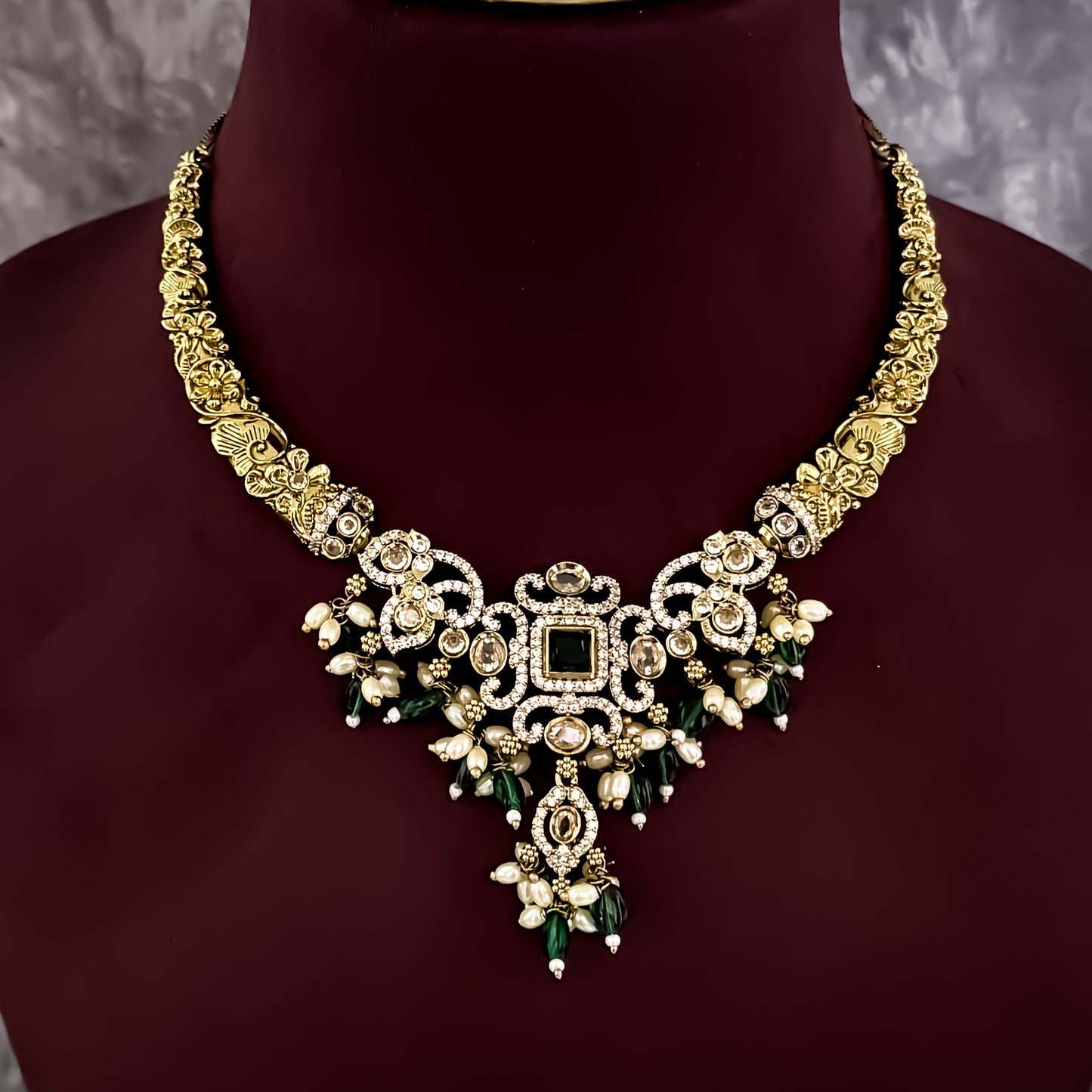 Keylin Victorian AD Hasli Necklace Set - Green