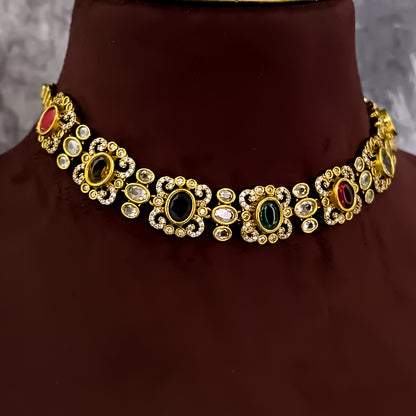 Kesariya Navratan AD Necklace Set - Multi