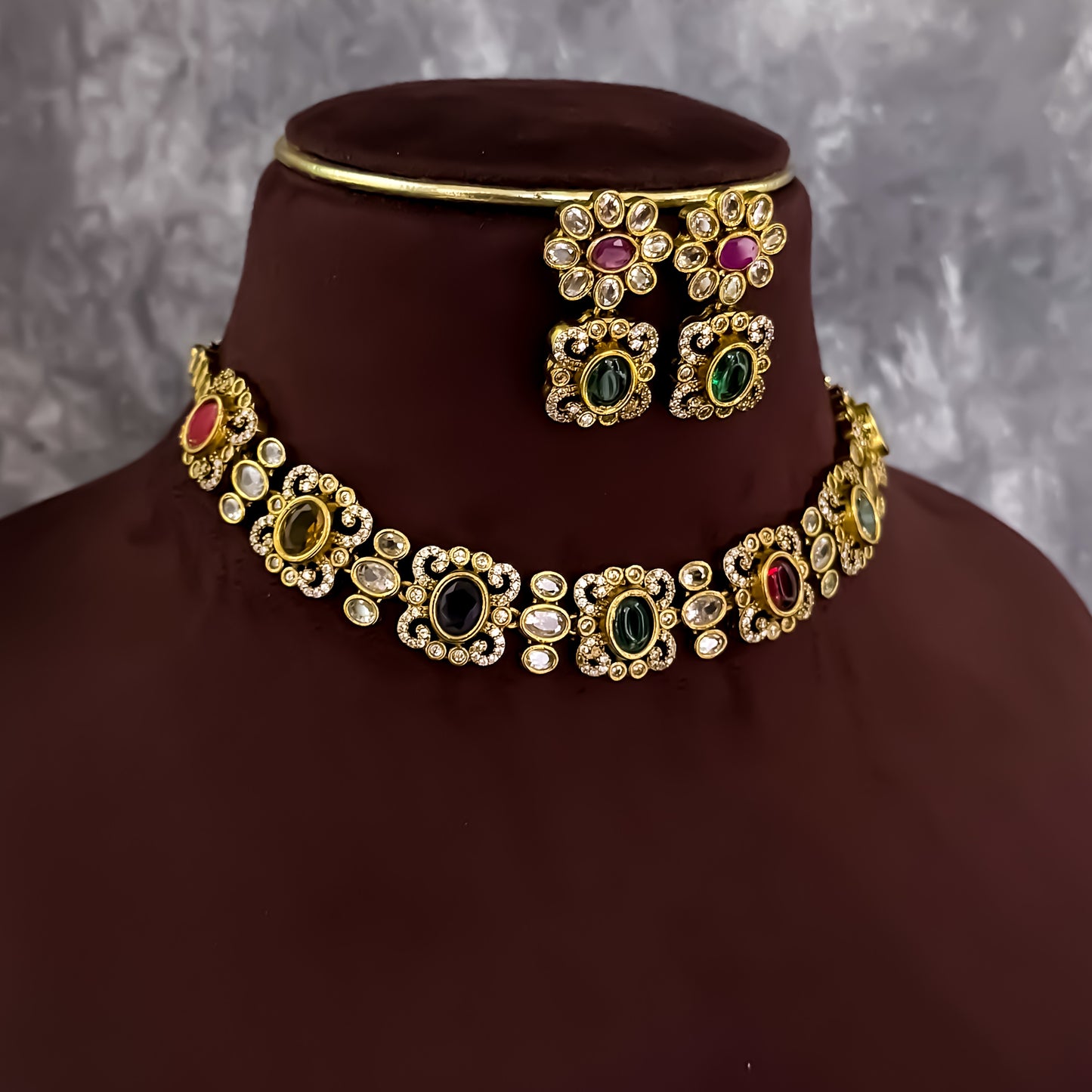Kesariya Navratan AD Necklace Set - Multi