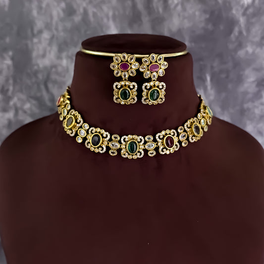 Kesariya Navratan AD Necklace Set - Multi