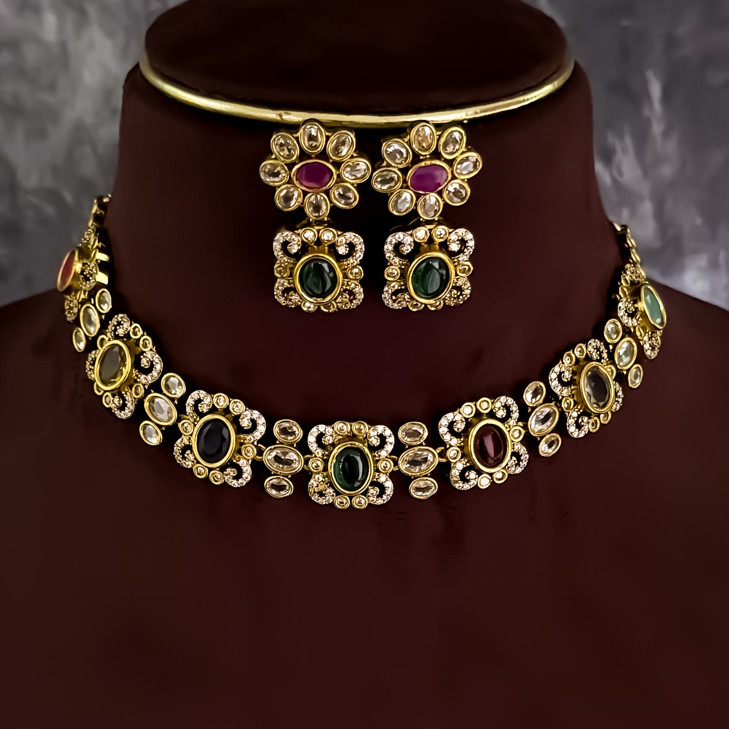 Kesariya Navratan AD Necklace Set - Multi