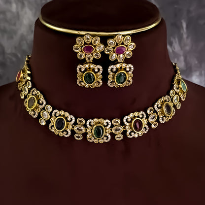 Kesariya Navratan AD Necklace Set - Multi