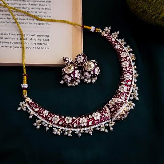 Drishti Meenakari Hasli Necklace Set - Maroon