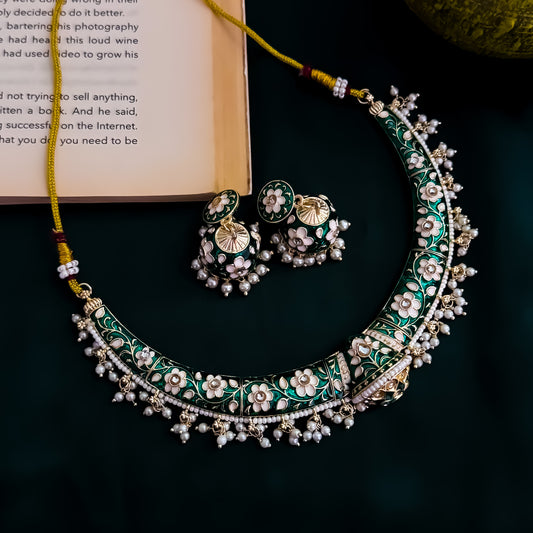 Drishti Meenakari Hasli Necklace Set - Green