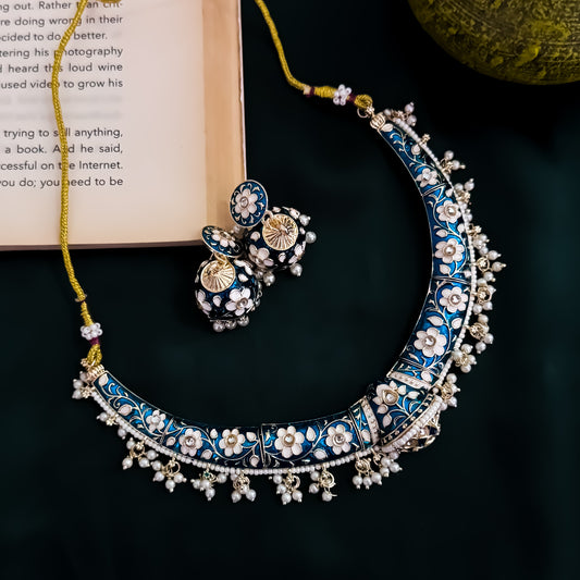 Drishti Meenakari Hasli Necklace Set - Peacock Blue