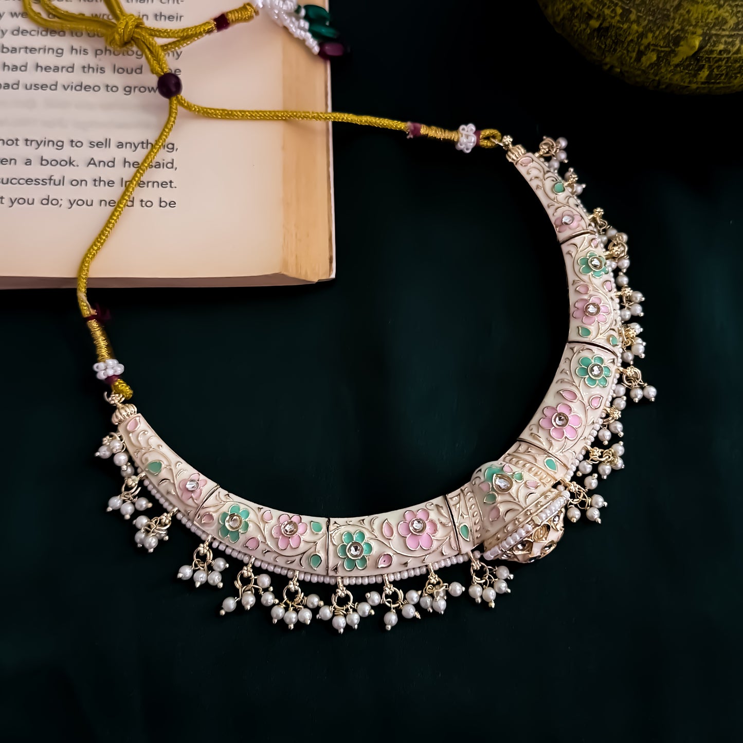 Drishti Meenakari Hasli Necklace Set - Ivory