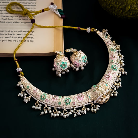 Drishti Meenakari Hasli Necklace Set - Ivory