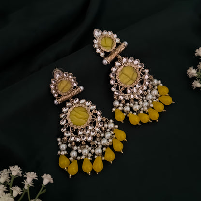 Shravani Pearl Chandbali Earrings - Yellow