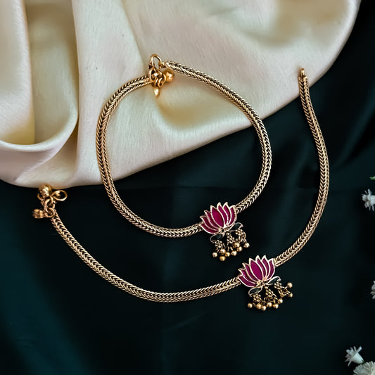 Lotus Padmini Floral Temple Anklet - Pink