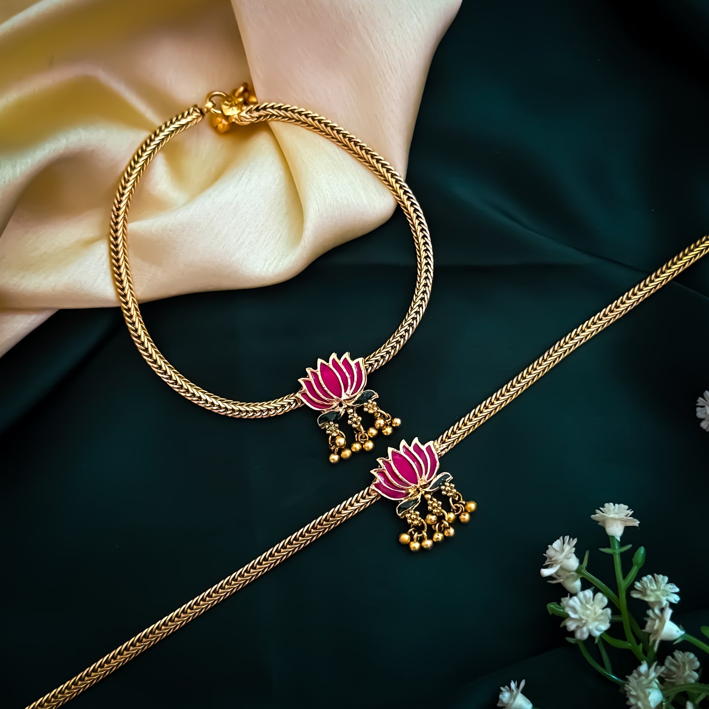 Lotus Padmini Floral Temple Anklet - Pink