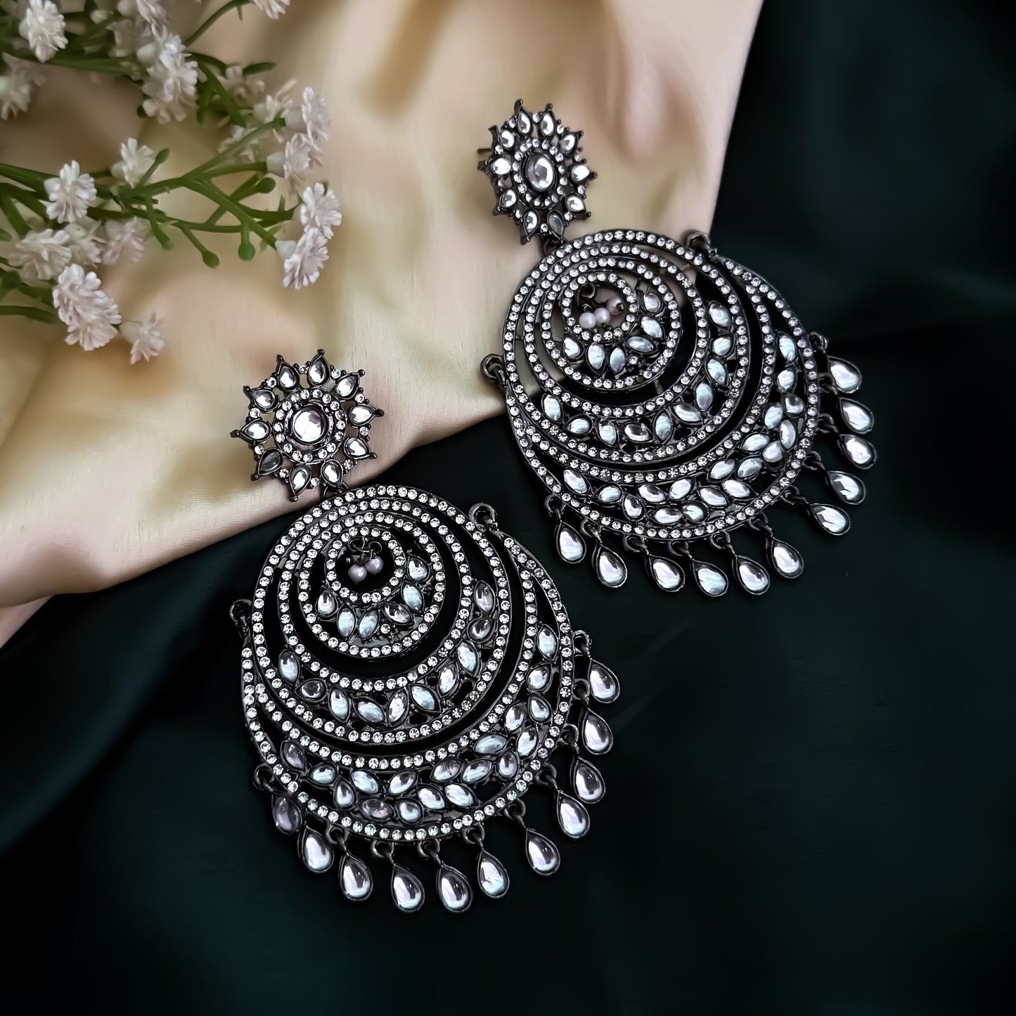 Zareen Black Metal Zircon Chandbali Earrings