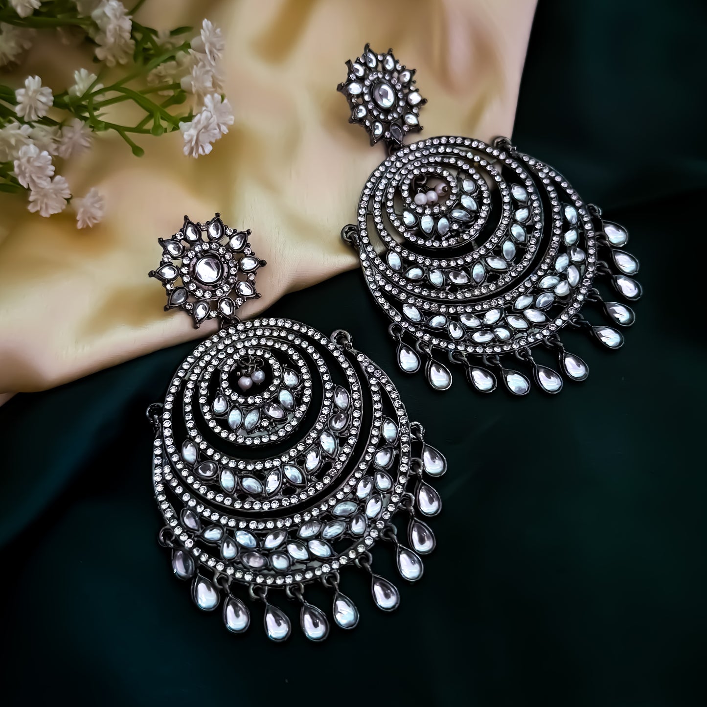 Zareen Black Metal Zircon Chandbali Earrings