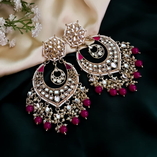 Nisa Kundan Pearl Chandbali Earrings - Pink