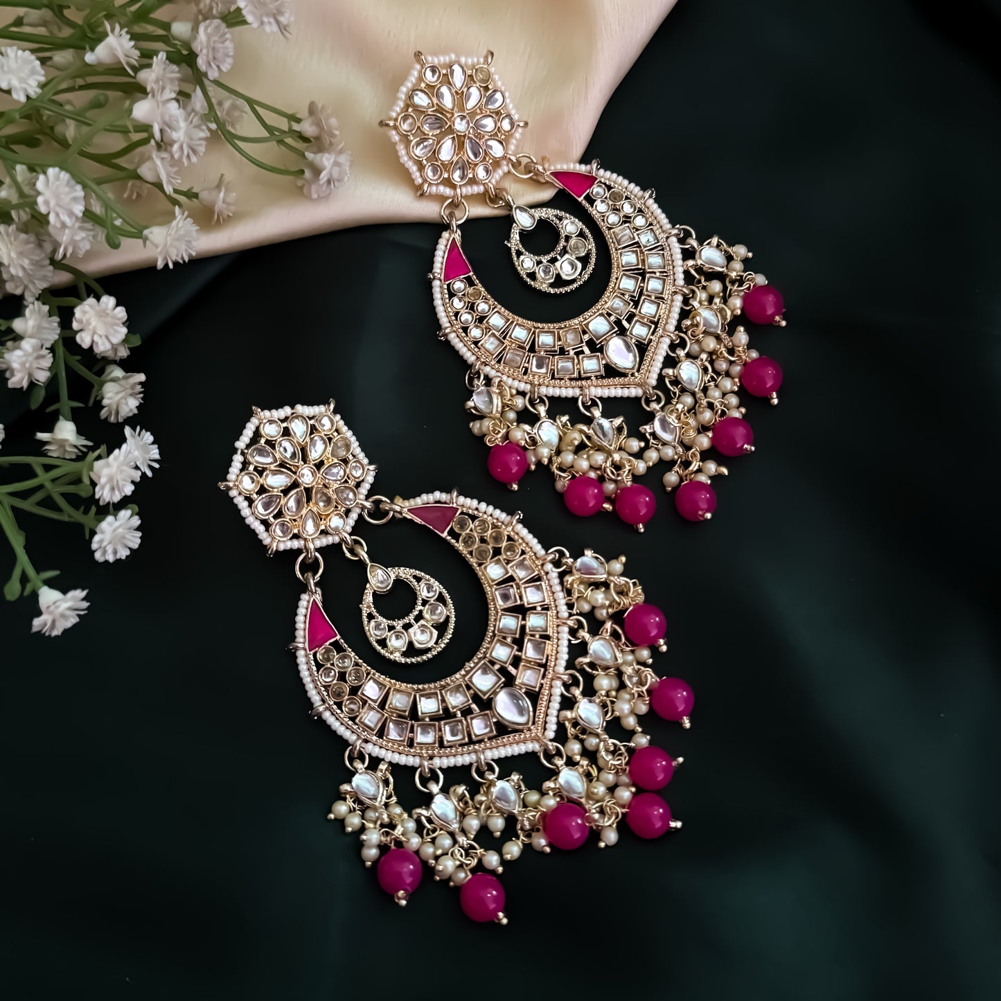 Nisa Kundan Pearl Chandbali Earrings - Pink