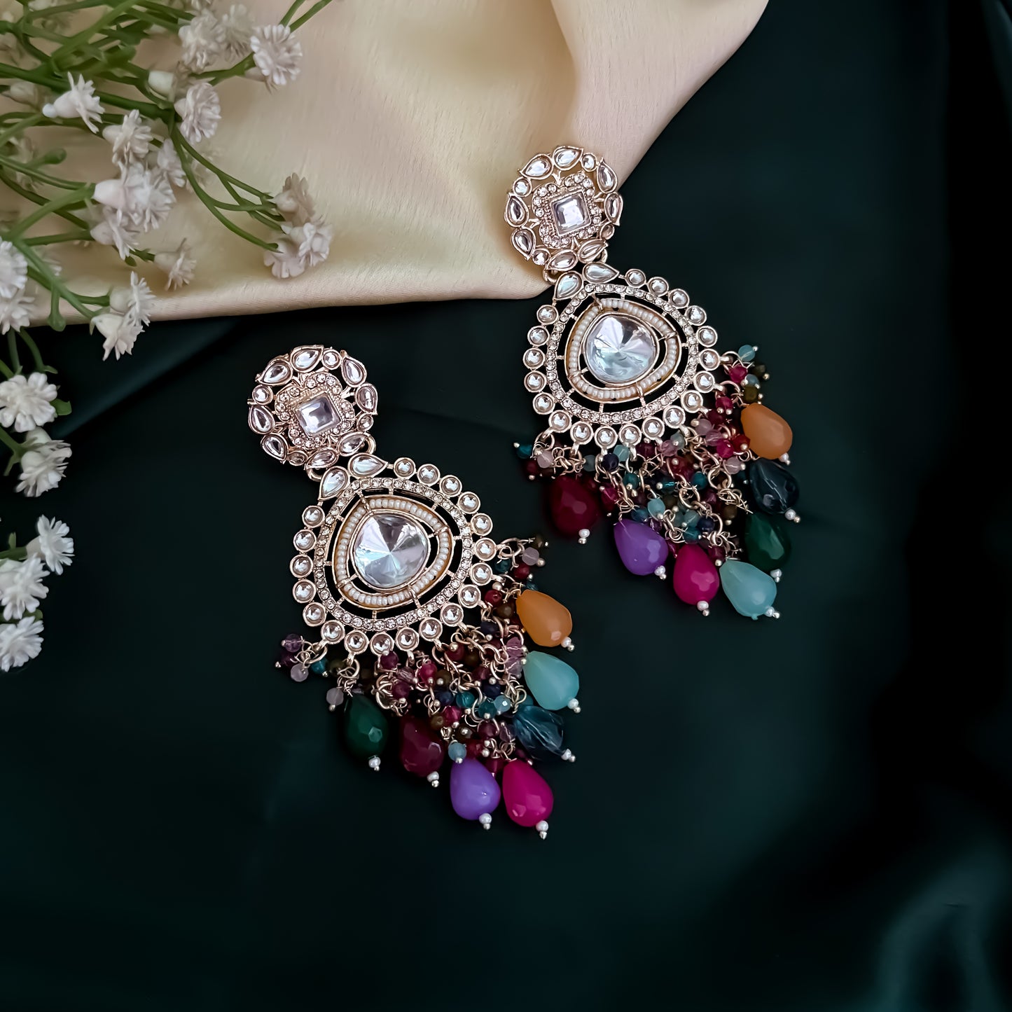 Riwayat Polki Pearl Chandbali Earring - Multi