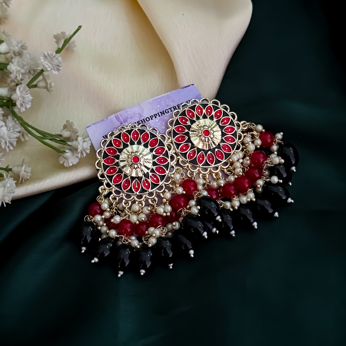 Maira Meenakari Pearl Chandbali Earrings - Maroon & Black