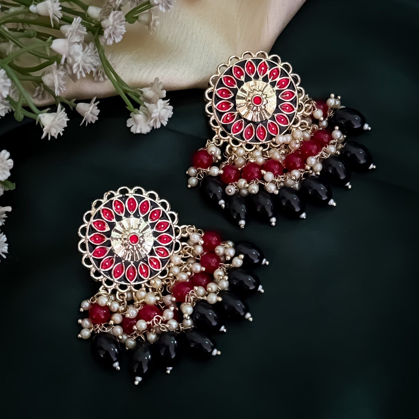 Maira Meenakari Pearl Chandbali Earrings - Maroon & Black