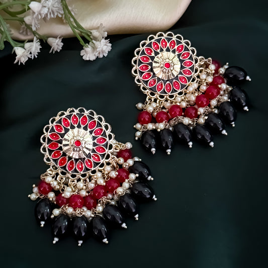 Maira Meenakari Pearl Chandbali Earrings - Maroon & Black