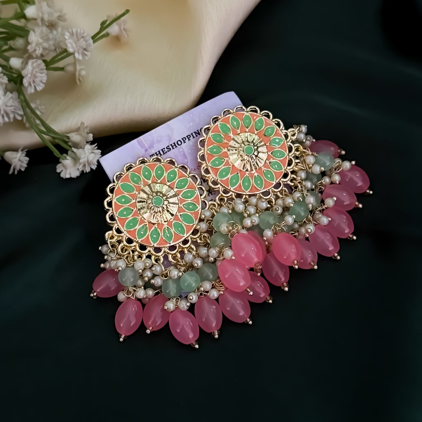 Maira Meenakari Pearl Chandbali Earrings - Pink & Green