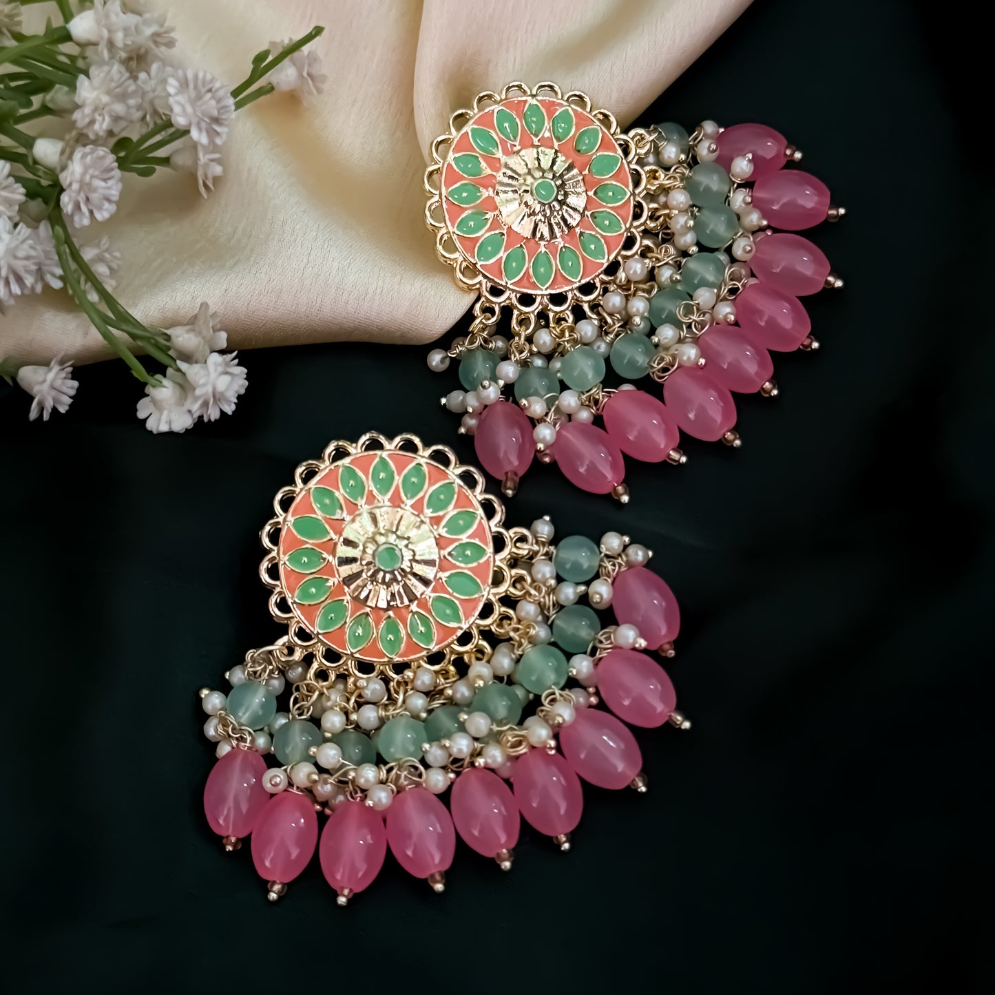 Maira Meenakari Pearl Chandbali Earrings - Pink & Green