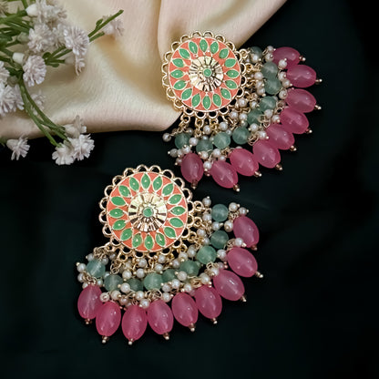 Maira Meenakari Pearl Chandbali Earrings - Pink & Green