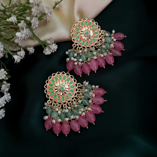 Maira Meenakari Pearl Chandbali Earrings - Pink & Green