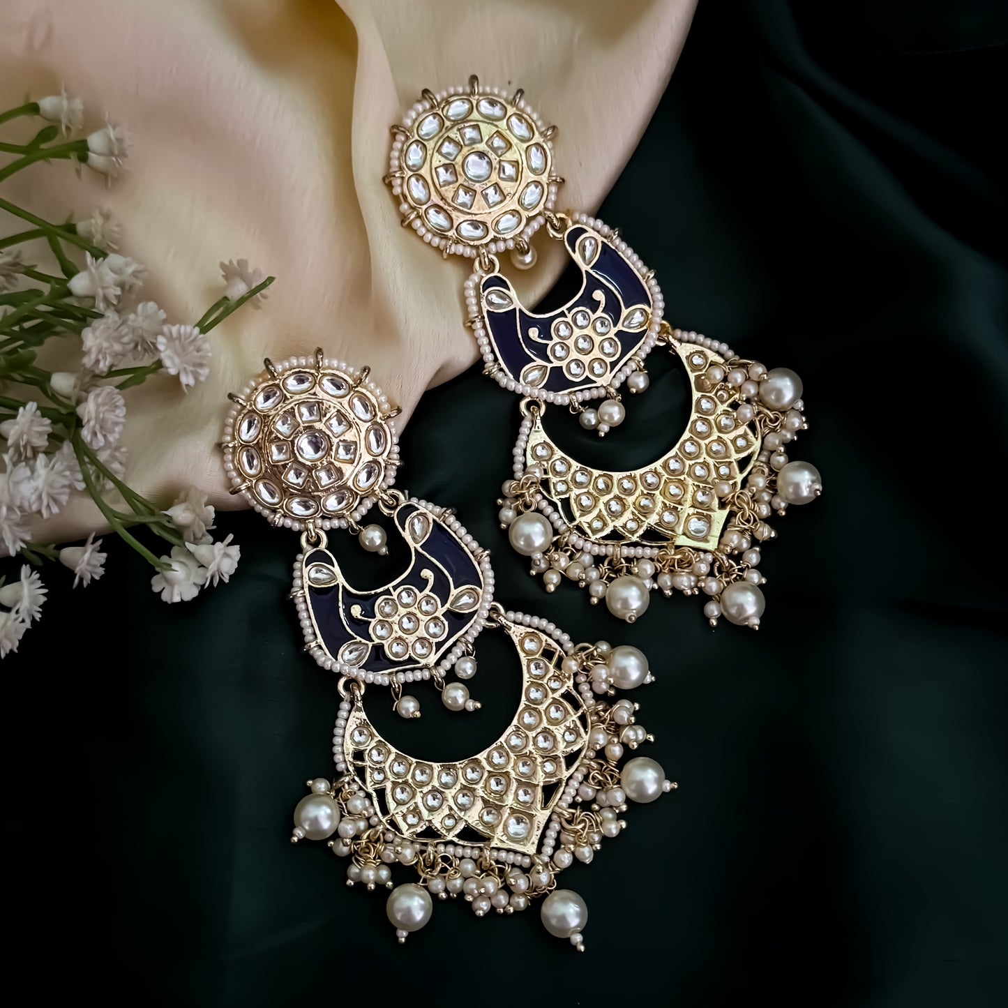 Anokhi Dabi Kundan Meenakari Pearl Chandbali Earrings - Royal Blue