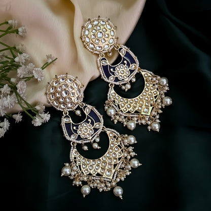 Anokhi Dabi Kundan Meenakari Pearl Chandbali Earrings - Royal Blue