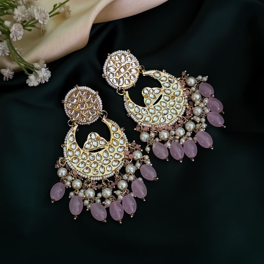 Maheen Kundan Pearl Chandbali Earrings - Pastel Pink