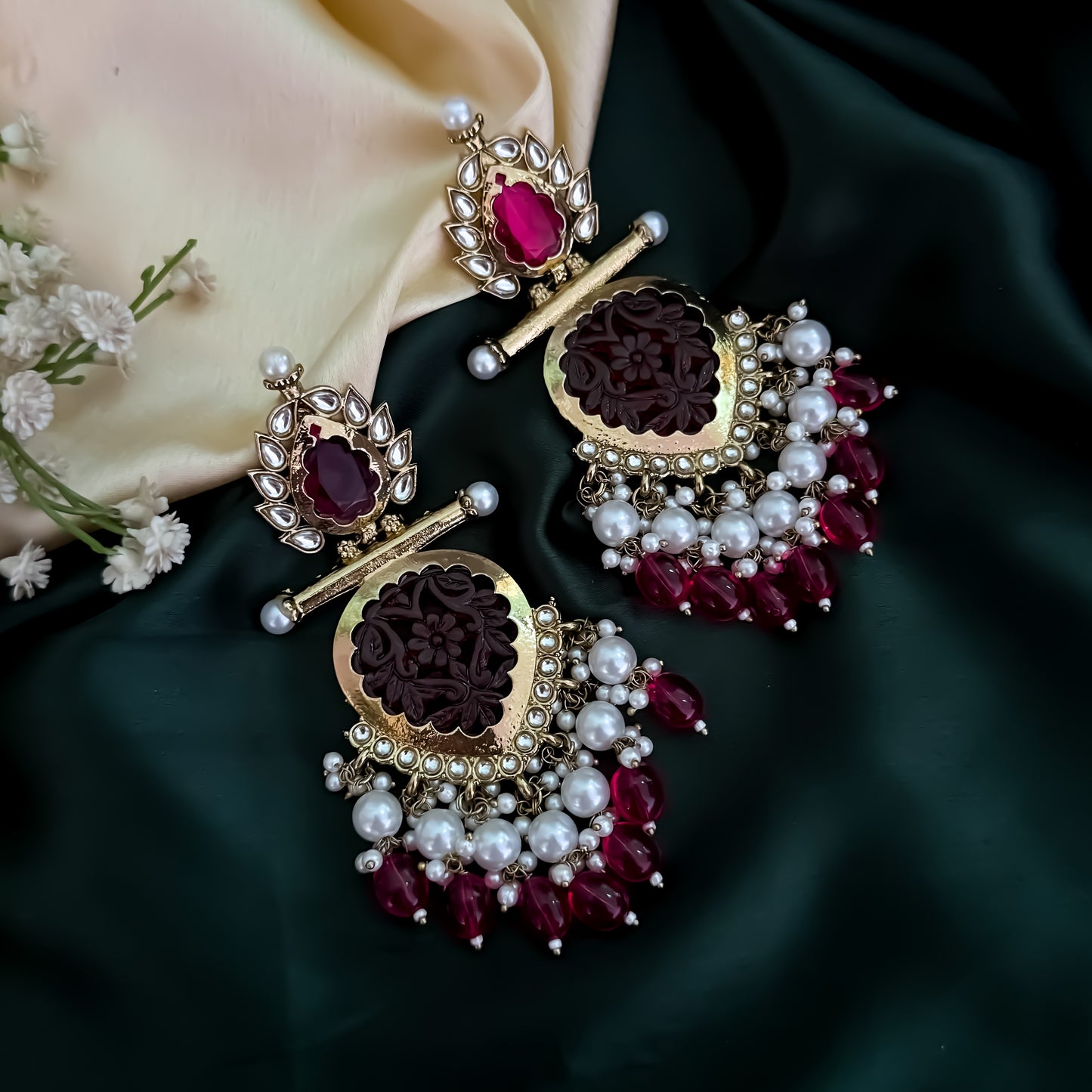 Shagun Cutwork Chandbali Earrings - Hot Pink