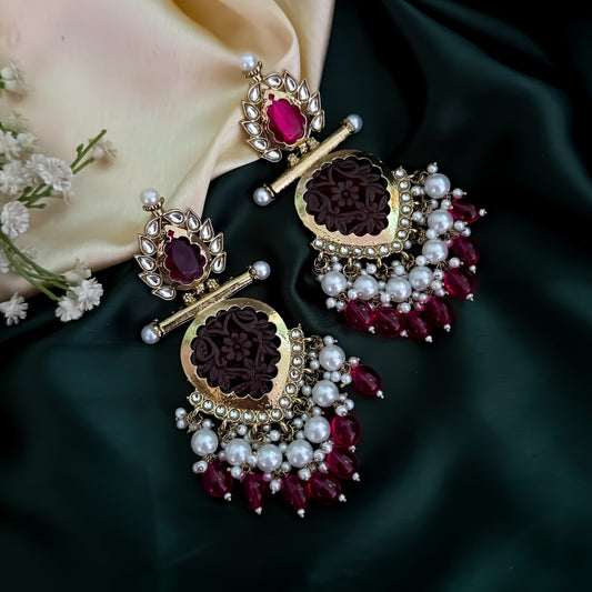 Shagun Cutwork Chandbali Earrings - Hot Pink