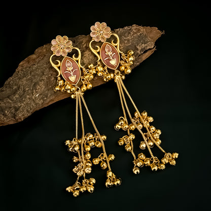 Suhani Kashmiri Brass Dejhoor Ghungroo Earrings - Pastel Pink