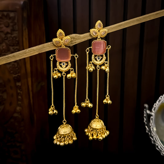 Parishna Kashmiri Brass Ghungroo Jhumka Earrings - Pastel Pink