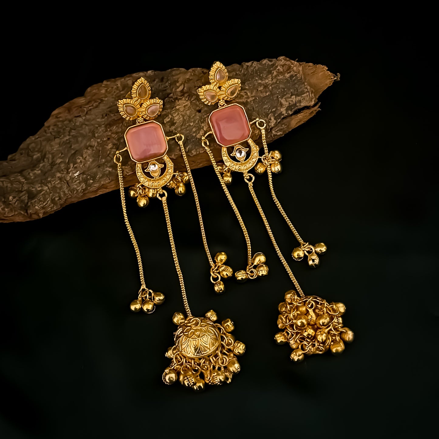 Parishna Kashmiri Brass Ghungroo Jhumka Earrings - Pastel Pink