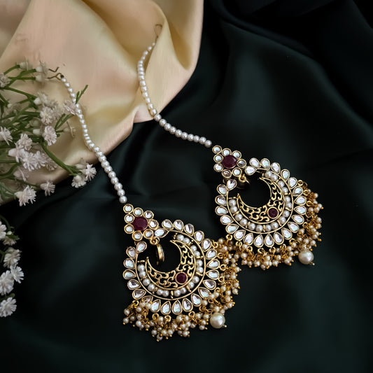 Nihal Reverse AD Chandbali Earrings with Sahara/Earchains - Golden