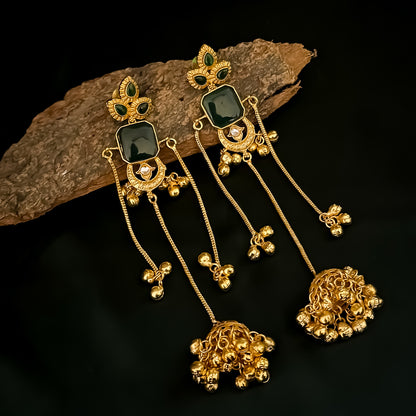 Parishna Kashmiri Brass Ghungroo Jhumka Earrings - Green