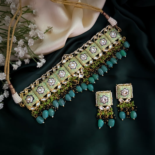 Neeti Meenakari Hand Painted Choker Necklace Set - Pastel Green