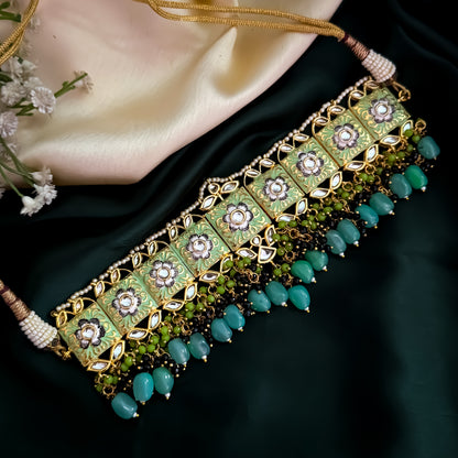 Neeti Meenakari Hand Painted Choker Necklace Set - Pastel Green