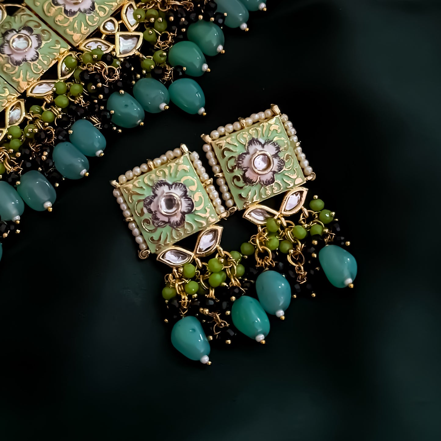 Neeti Meenakari Hand Painted Choker Necklace Set - Pastel Green