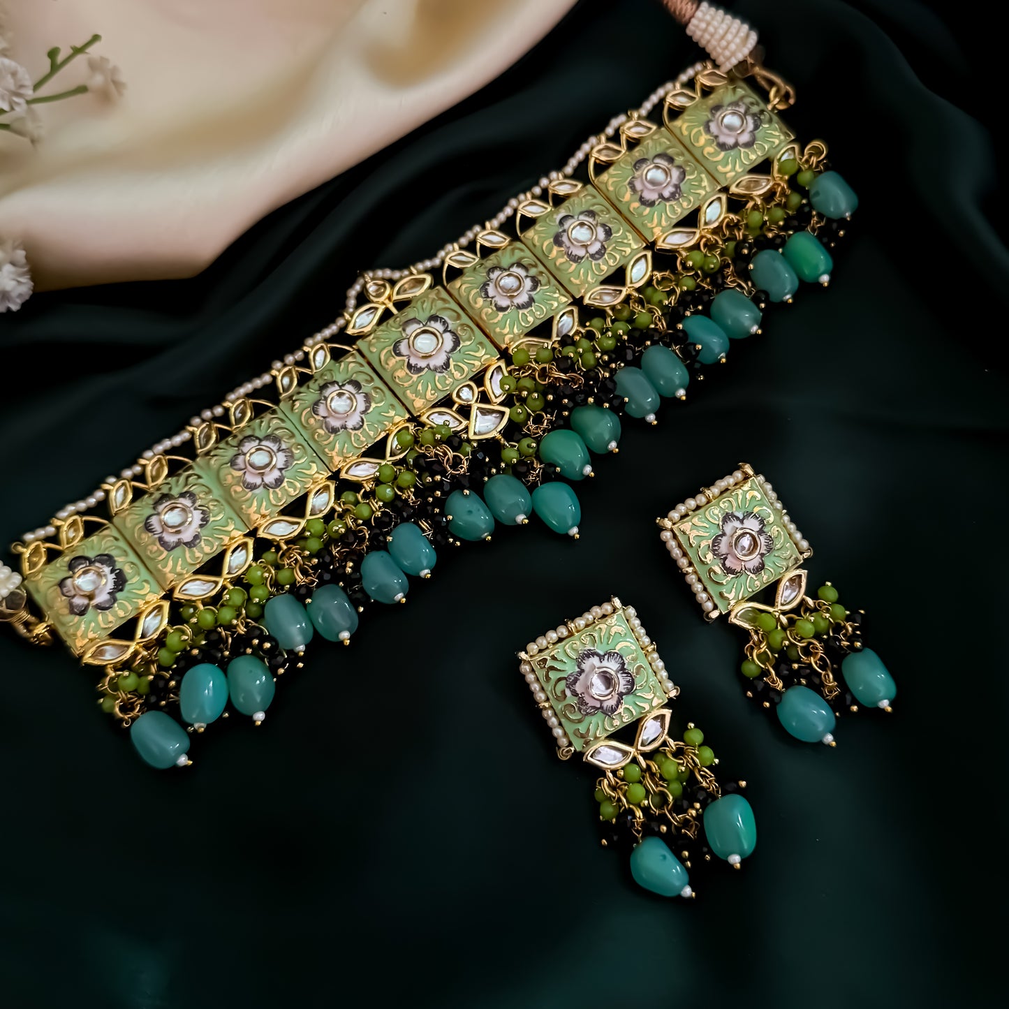 Neeti Meenakari Hand Painted Choker Necklace Set - Pastel Green