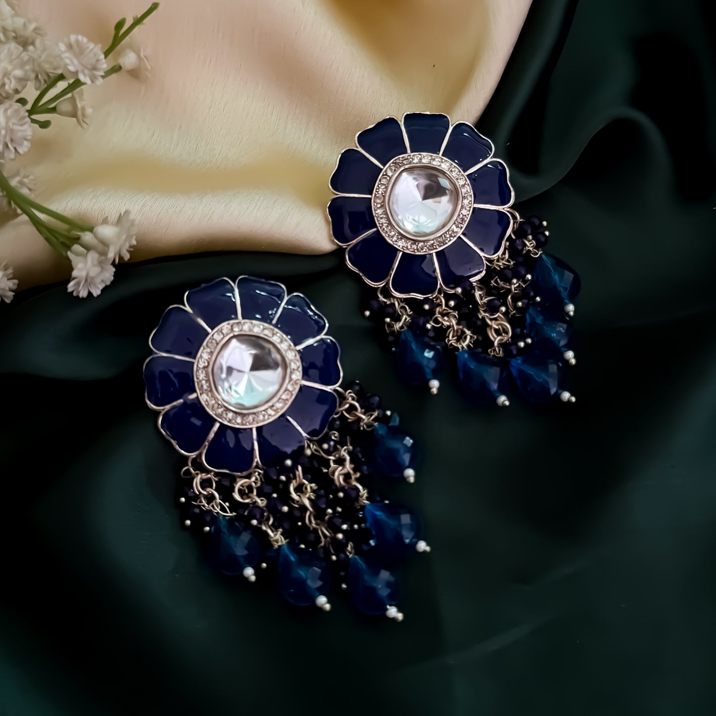 Noori Polki Stud Earrings - Blue