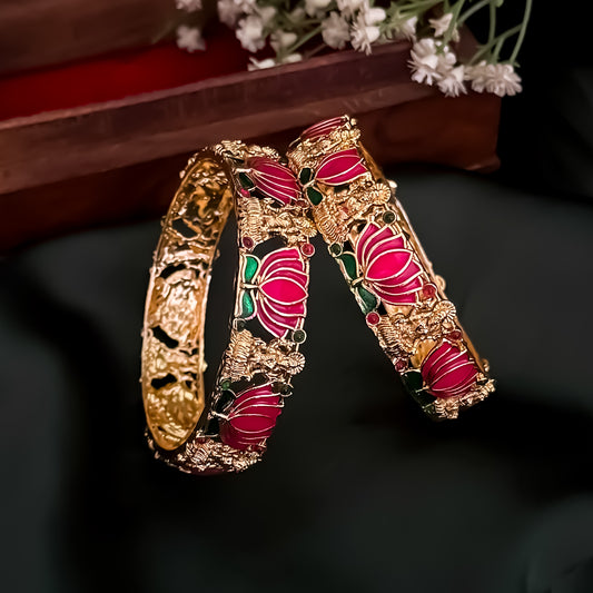 Nalini Lotus Lakshmi Temple Gold Bangles - Set of 2 (Pink)