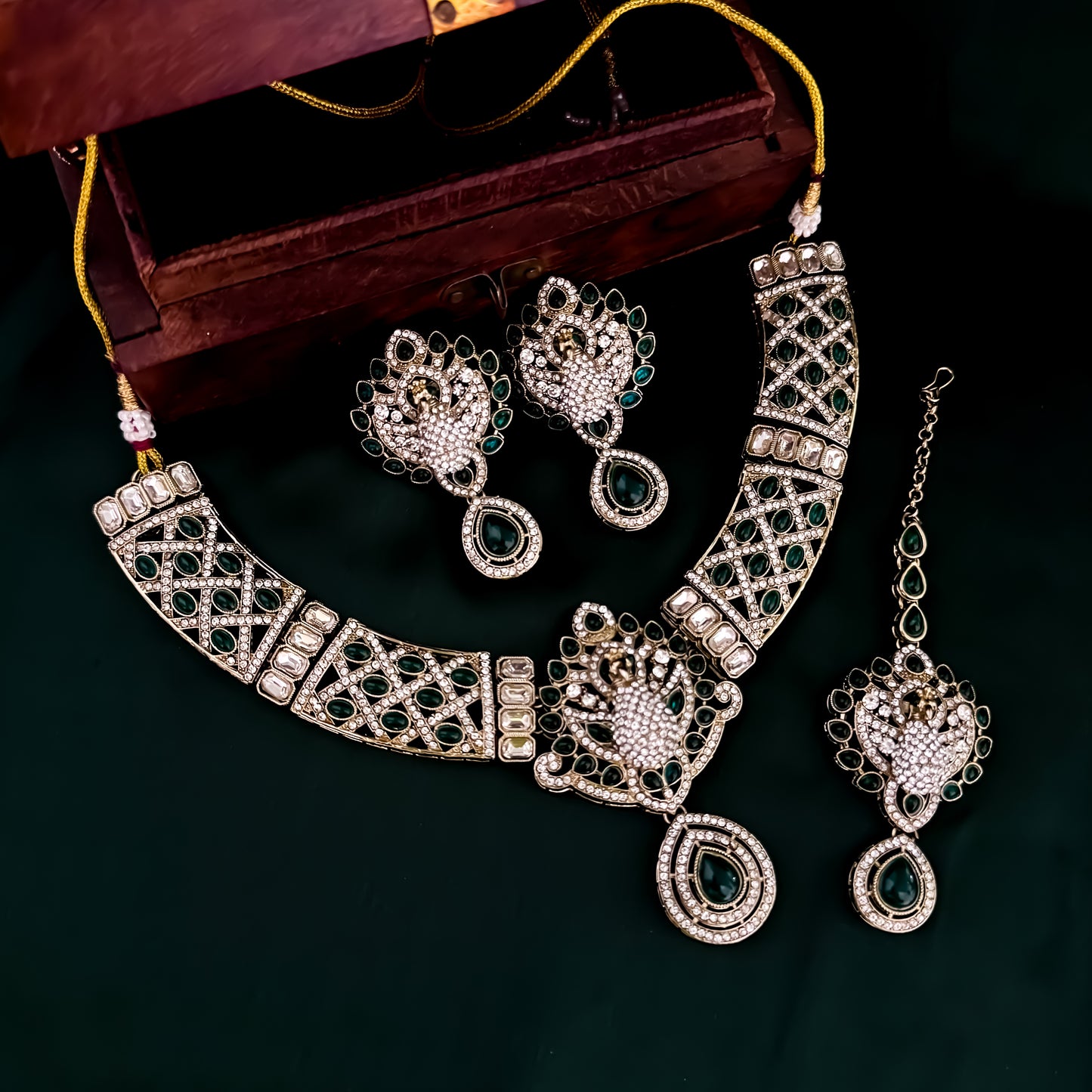 Yasmin Peacock Reverse AD Necklace Set - Green